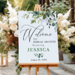 Señal de bienvenida de la ducha de agua Eucalyptus<br><div class="desc">Bienvenidos a su boda con Poster de bienvenida Floral Green Bridal Shower Bridal Shower, con una exuberante vegetación botánica acuática y flores blancas, "bienvenidos a nuestro más feliz para siempre", sus nombres y fecha boda en una moda mezcla de modernos tipos de caligrafía con letras de bloques y letras a...</div>