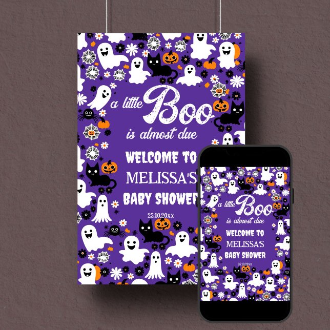 Señal de bienvenida de la ducha de bebé de Little  (Little boo retro groovy Halloween baby shower welcome sign template poster instant download purple)