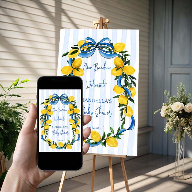 Señal de bienvenida de la ducha de bebé italiana d (Ciao bambino lemons blue stripes ribbon Italian baby shower welcome sign poster template)