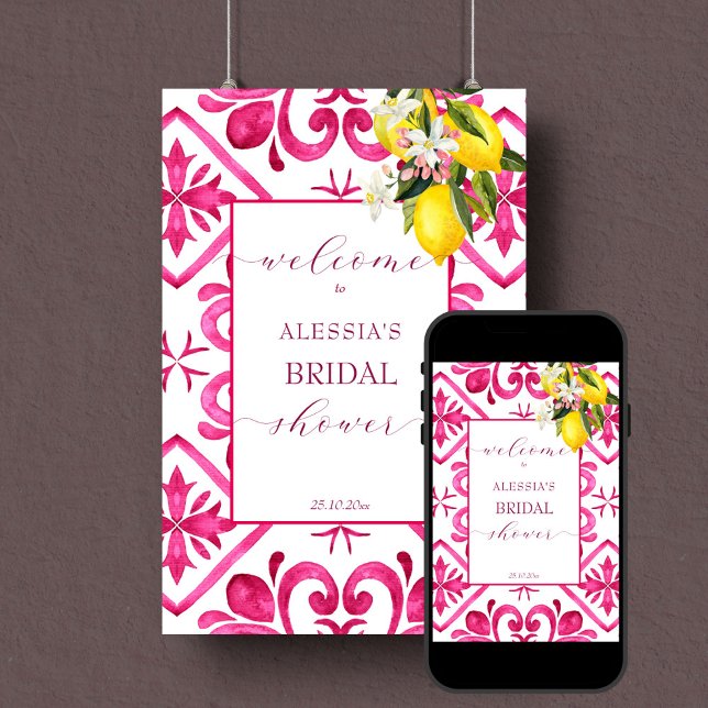 Señal de bienvenida de la ducha de limón magenta d (Fuchsia magenta tiles lemon bridal shower editable template welcome sign poster digital download)