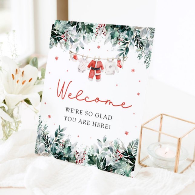 Señal de bienvenida de la ducha de los Navidades d (Watercolor Red Cute Santa Baby Christmas Shower Welcome Sign)
