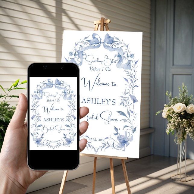 Señal de bienvenida de la ducha de novia elegante  (Dusty blue vintage floral ribbon bow elegant bridal shower welcome sign poster template download)