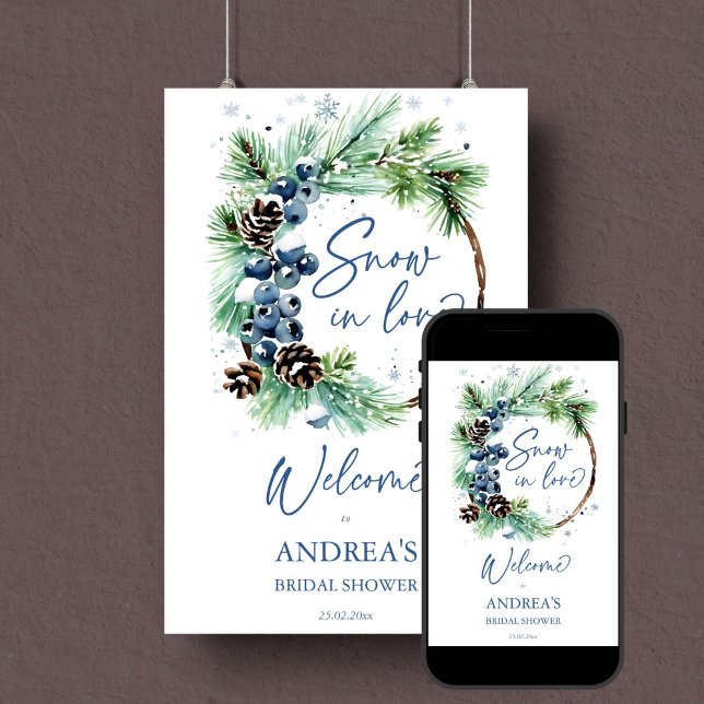 Señal de bienvenida de la ducha de novia en invier (Snow in love winter bridal shower editable template welcome sign digital download watercolor pine)