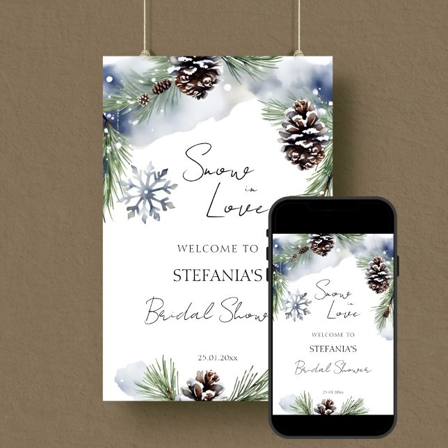 Señal de bienvenida de la ducha de novia en invier (Snow in love winter bridal shower editable template welcome sign digital download snowy pines cones)