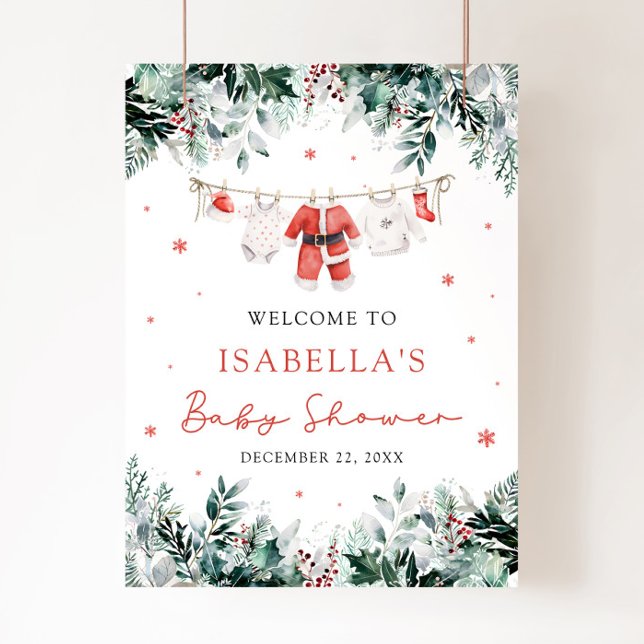 Señal de bienvenida de Navidades rojos Santa Bebé  (Watercolor Red Christmas Santa Baby Baby Shower Welcome Sign)