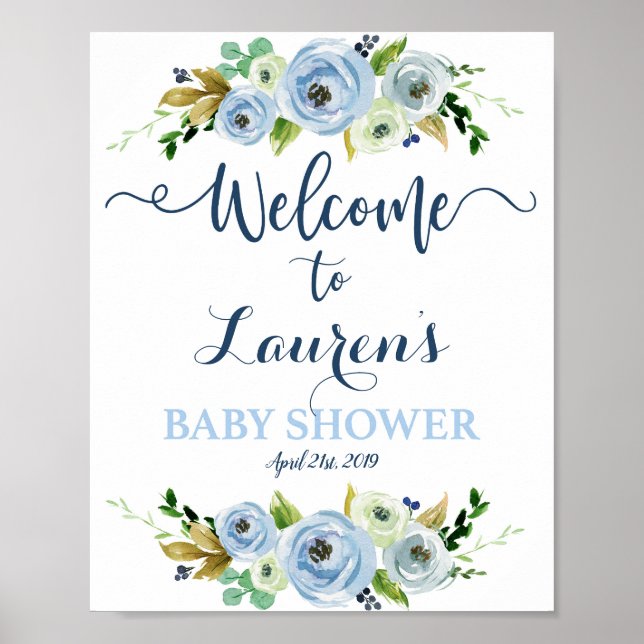 Señal de bienvenida de niño con ducha, azul floral (Frente)