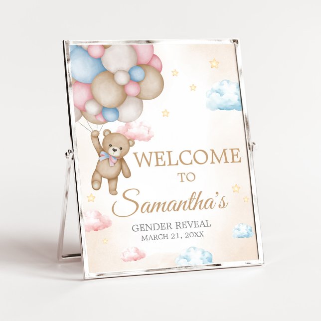 Señal de bienvenida de revelación de género que ap (Bear Balloon He or She Gender Reveal Welcome Sign)