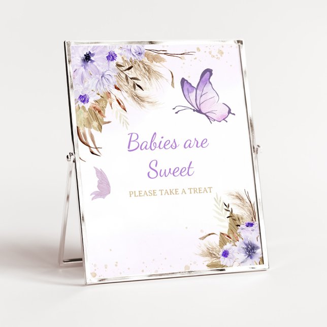 Señal de Bienvenida de Shower de Bebé Mariposa Flo (Purple Butterfly Baby Shower Babies are Sweet Sign)