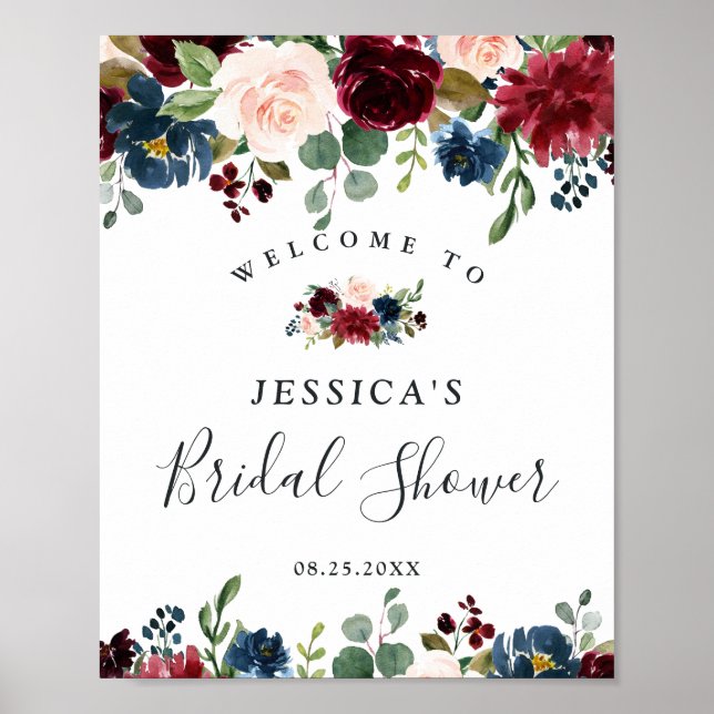 Señal de bienvenida de Shower Nupcial Floral Azul  (Frente)