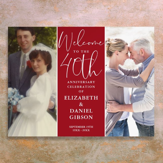 Señal de bienvenida del 40º aniversario con foto T (Then And Now 2 Photo 40th Anniversary Welcome Sign)