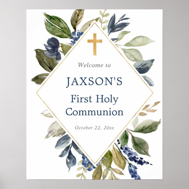 Señal de bienvenida del bautismo de follaje azul v (Frente)