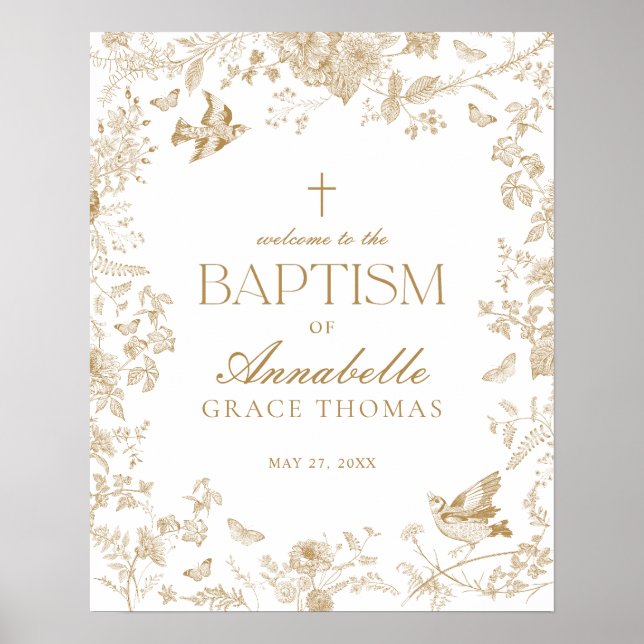 Señal de bienvenida del bautismo floral Gold Toile (Frente)
