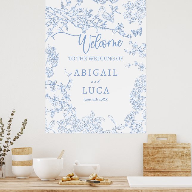 Señal de bienvenida del Boda Blue Chinoiserie Toil (Cocina)
