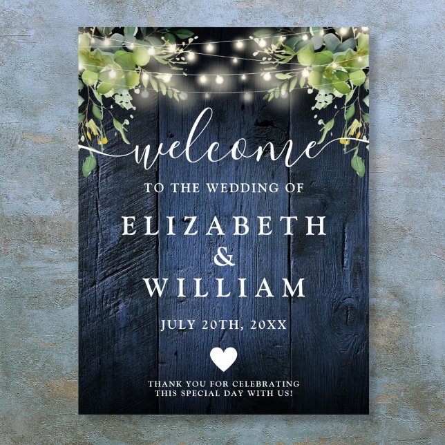 Señal de bienvenida del Boda de las luces de caden (Blue Wood String Lights Wedding Welcome Sign)