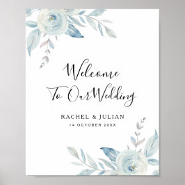 Señal de bienvenida del boda floral azul turbio