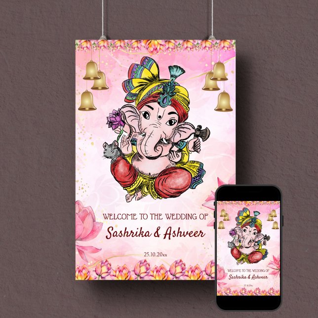 Señal de bienvenida del boda indio Pink Ganesha lo (Ganesha pink Indian wedding welcome sign poster template pink lotus flowers gold bells)