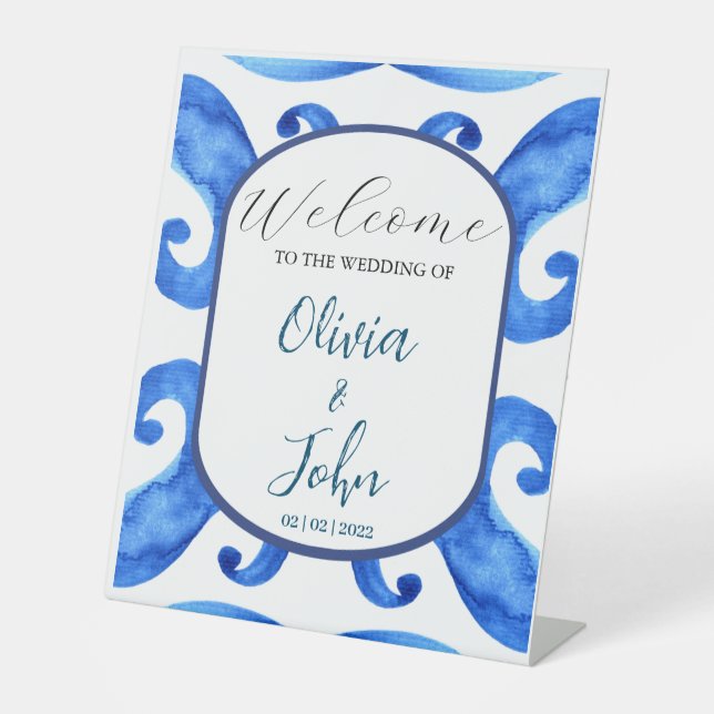 Señal de bienvenida del boda mediterráneo azul (Anverso)