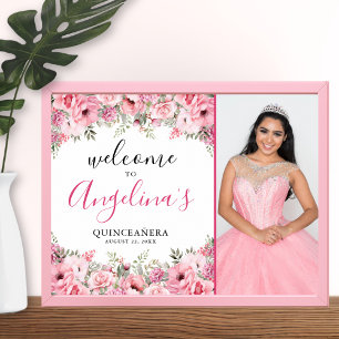 Señal de bienvenida elegante con flores rosadas pa