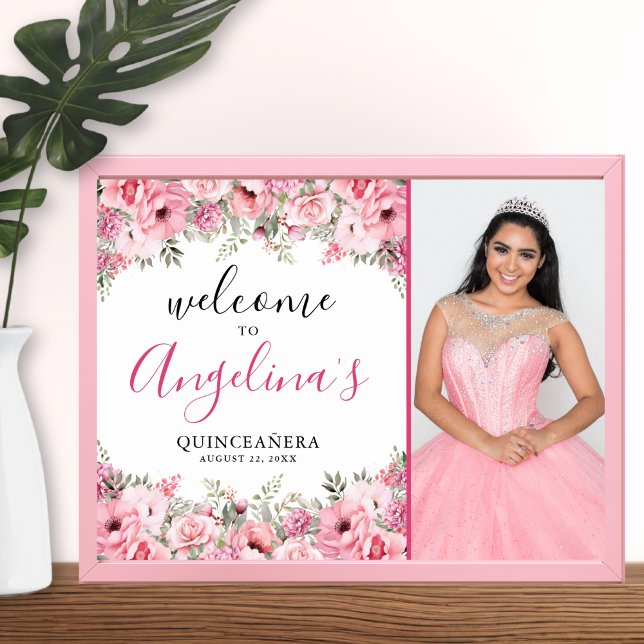 Señal de bienvenida elegante con flores rosadas pa (Quinceanera Elegant Pink Floral Photo Welcome Sign)