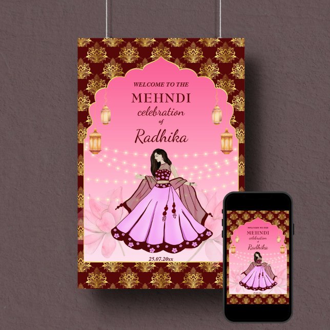 Señal de bienvenida Mehndi bailando marrón de novi (Mehndi welcome sign poster instant download maroon and gold pink arch frame dancing Indian bride)