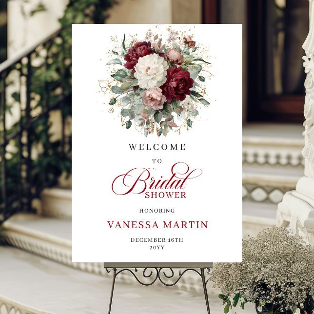 Señal de Bienvenida Nupcial Floral Rojo Intenso Eu (Deep Red Floral Eucalyptus Gold Bridal Welcome Sign

)