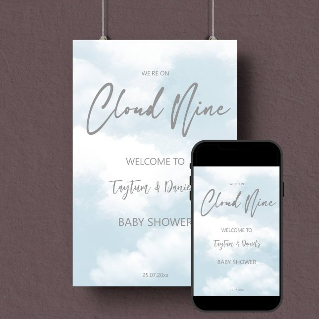 Señal de bienvenida para bebé bebe gris pastel (Cloud nine pastel grey baby shower editable template welcome sign digital download entrance decor)