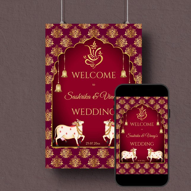 Señal de bienvenida para el boda Gomata marrón y o (Indian wedding maroon and gold lotus welcome sign poster digital download gomata sacred cow Ganesha)