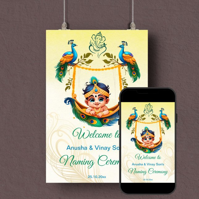 Señal de bienvenida para la ceremonia de cuna de b (Baby Krishna baby naming cradle namkaran ceremony welcome sign template poster instant download)