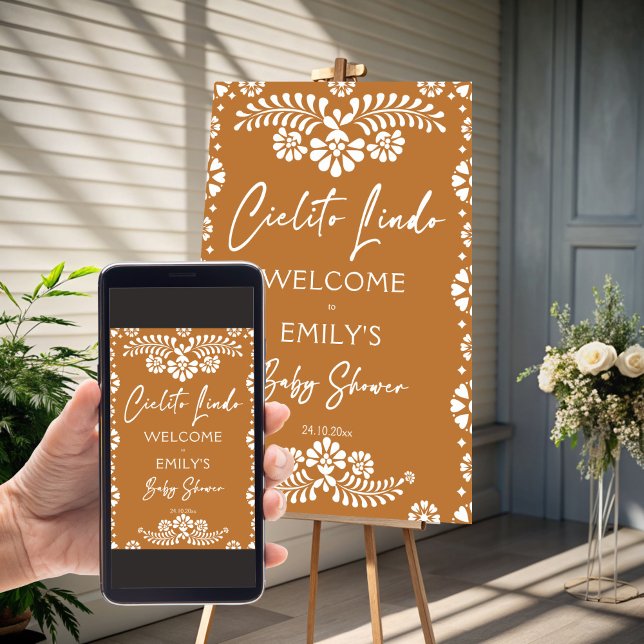 Señal de bienvenida para la ducha de bebé de Cieli (Cielito lindo terracotta Mexican fiesta papel picado baby shower welcome sign poster template)