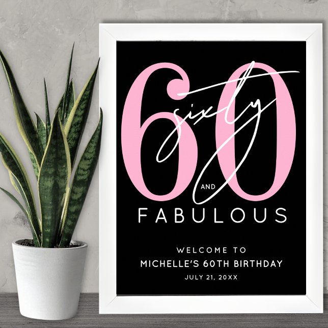 Señal de bienvenida por el 60 cumpleaños de Black  (Black Pink 60th Birthday Welcome Sign)