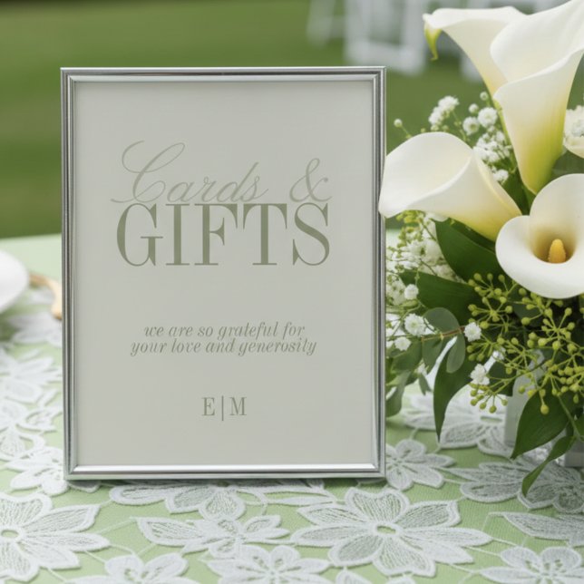 Señal de boda de tarjetas y regalos verde sabio mo (Modern Sage Green Cards and Gifts Wedding Sign)
