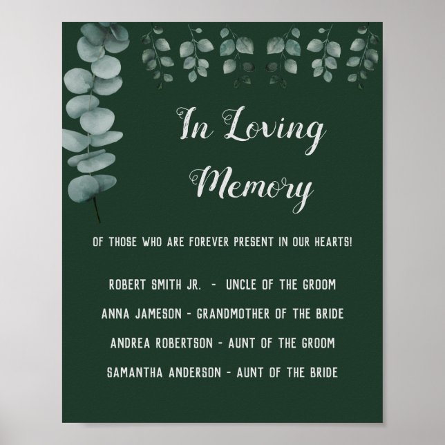 Señal de boda de verde con eucalipto En Memoria Am (Frente)