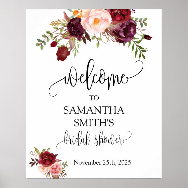Señal de boda floral de marsala con ducha de novia (Frente)