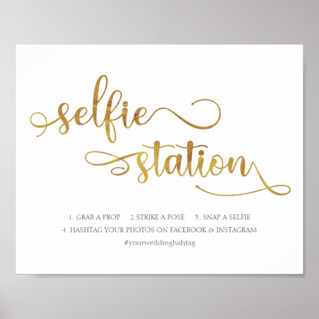 Señal de boda trendy oro blanco "Estación Selfie" (Frente)