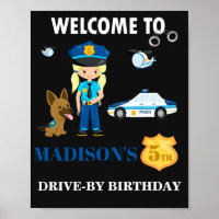 Señal de Chica de policía de bienvenida fiesta de 