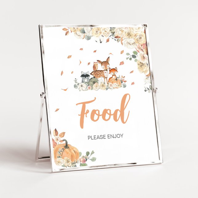 Señal de comida de animales del bosque floral (Floral Woodland Animals Baby Shower Food Sign)