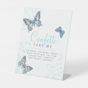 Señal de confeti boda de mariposas de tinta azul