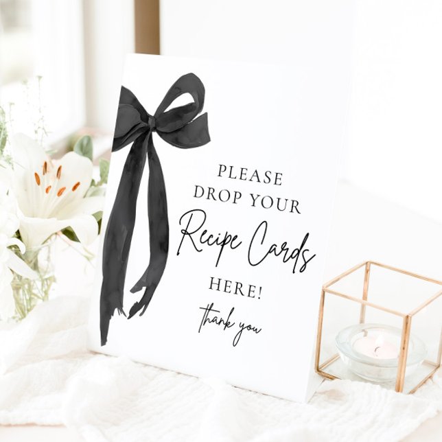 Señal de ducha de novia para compartir tarjeta de  (Black Bow Share a Recipe Card Bridal Shower Sign)