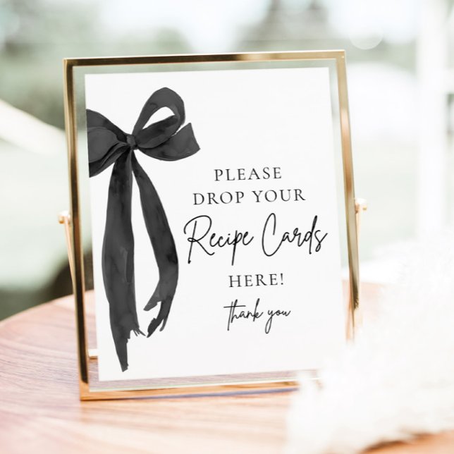 Señal de ducha de novia para compartir tarjeta de  (Black Bow Share a Recipe Card Bridal Shower Sign)