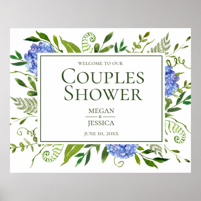 Señal de Ducha de Parejas con Hortensias Azules (Frente)