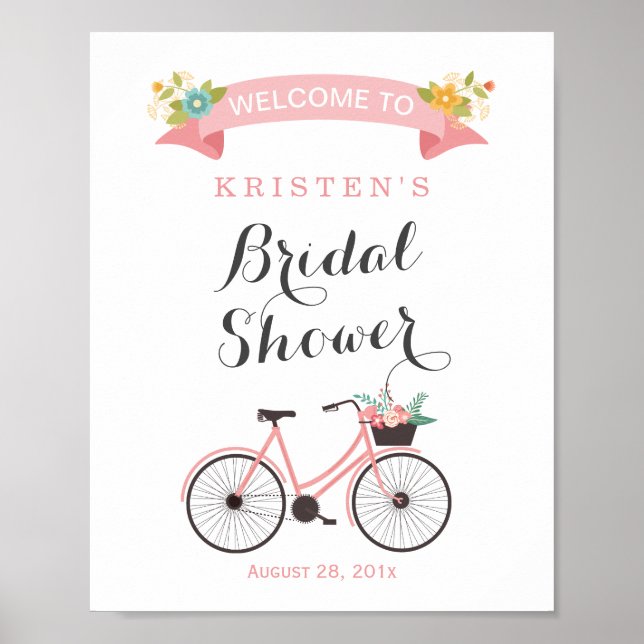 Señal de Ducha Nupcial de Bicicleta Floral Rosa Ru (Frente)