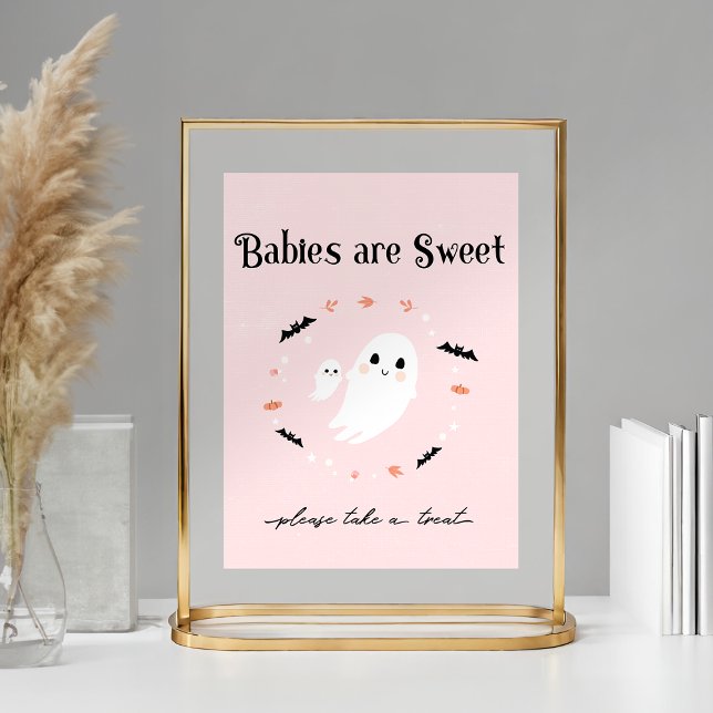 Señal de favor de ducha para bebé rosada de Hallow (Pink Halloween baby showerFavor sign shown with 5x7 print in a gold frame)