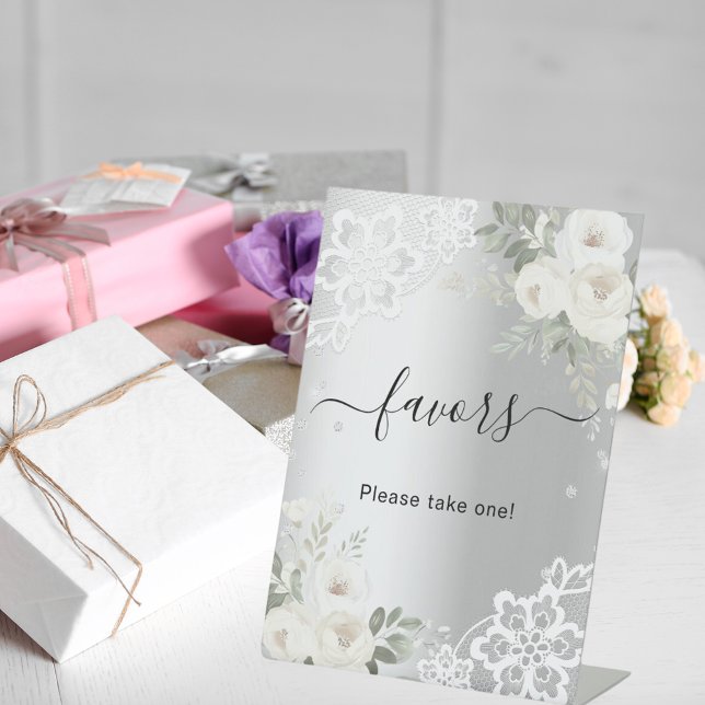 Señal de favor de invitado de encaje floral blanco (Subido por el creador)