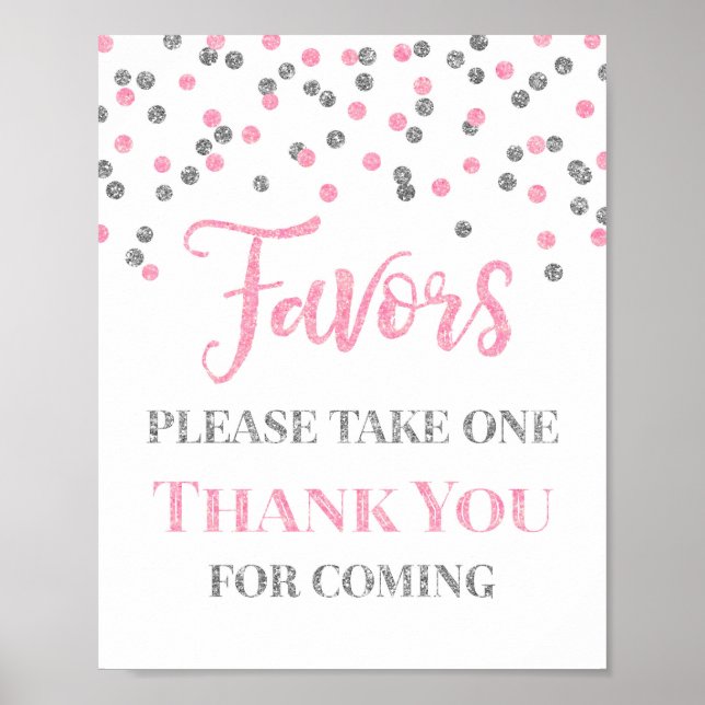 Señal de Favores de Confeti Rosa Plata para Baby S (Frente)