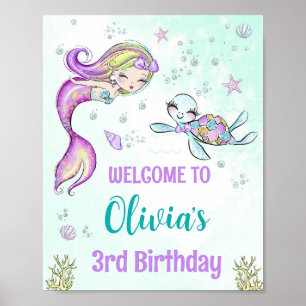 Señal de fiesta de bienvenida de sirena y tortuga