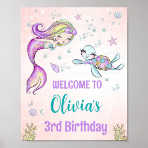 Señal de fiesta de bienvenida de sirena y tortuga