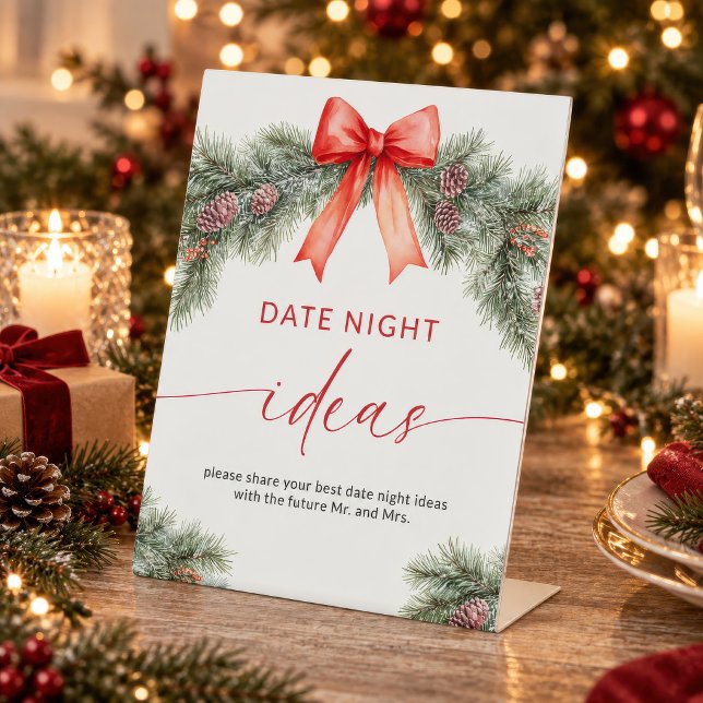 señal de ideas para noche de Navidad (Caption: "Red Bow Christmas Date Night Ideas sign displayed on an easel with candles and pine)