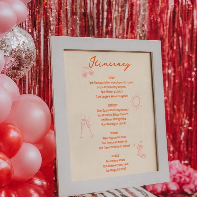 Señal de itinerario de fin de semana de despedida  (Pink and red bachelorette party itinerary sign featuring hand-drawn sketch illustrations.)