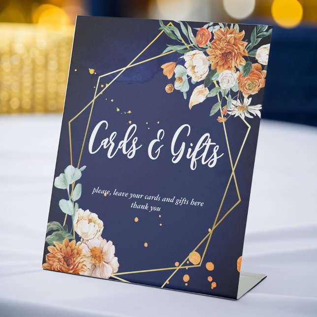 Señal de la mesa de regalo de flores de salvia azu (Gifts table wedding sign Navy blue orange sage flowers gift table sign personalized wedding signs)
