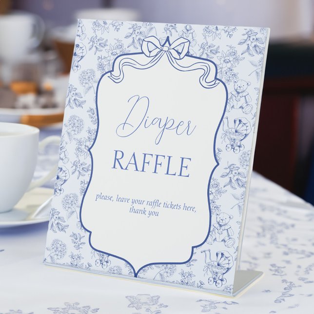 Señal de la rifa del pañal de la cinta azul del br (Baby brunch blue toile ribbon baby shower diaper raffle table sign personalized table signs)